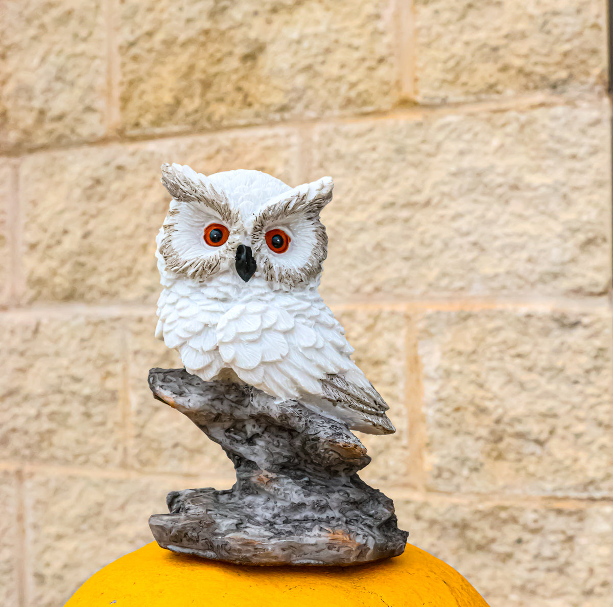 Whimsical White Snow Night Owl Perching On Tree Branch Figurine Decor