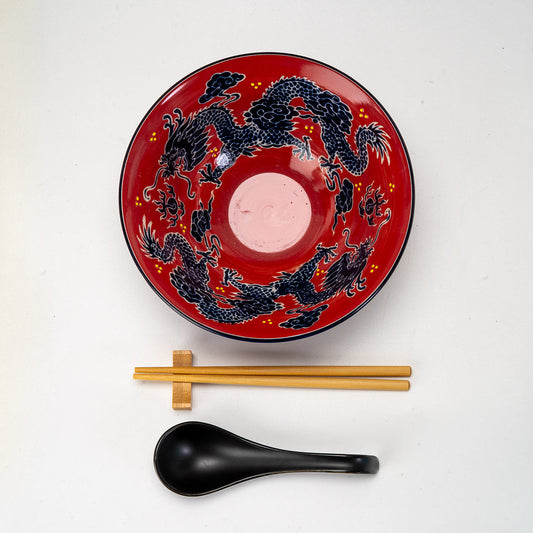 Red Dragon King Ceramic Ramen Rice Bowl With Soup Spoon Chopsticks And Rest Set