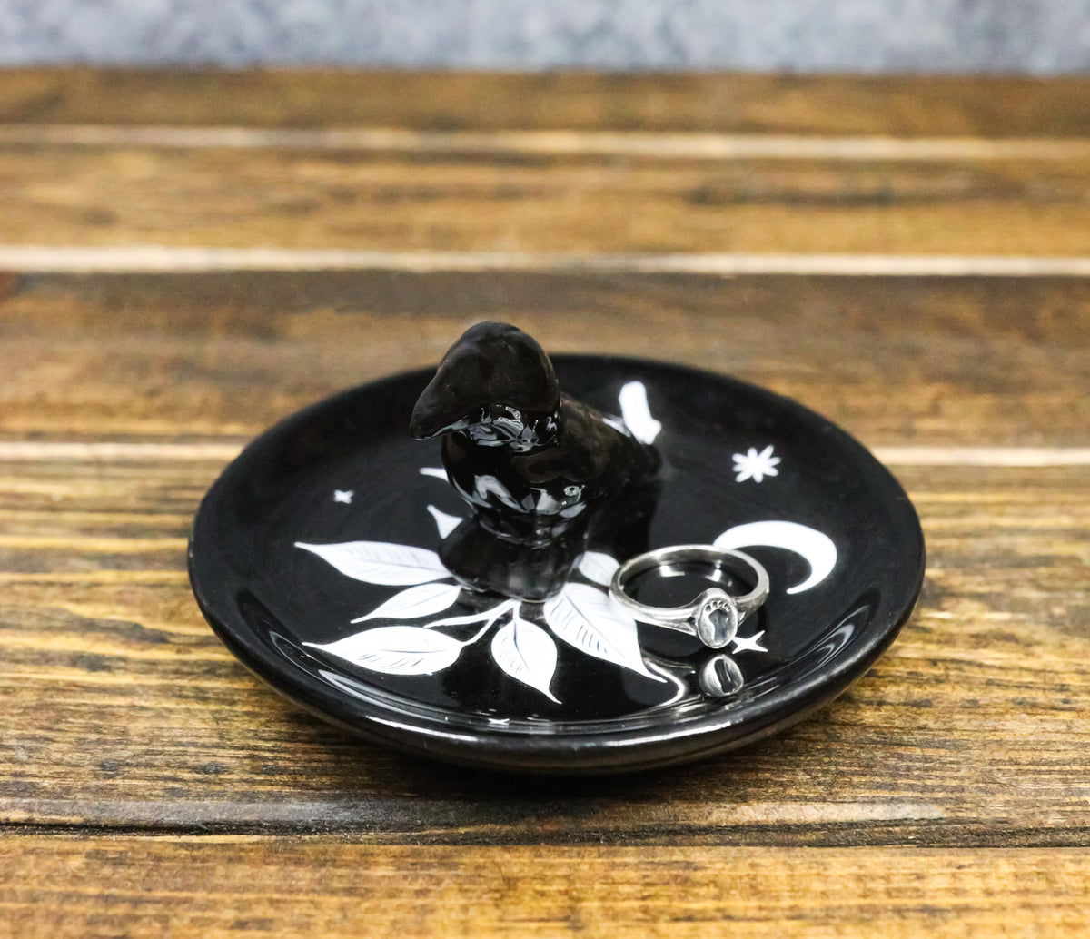 Wicca Gothic Mystic Raven Crow With Crescent Moon Ceramic Trinket Jewelry Dish