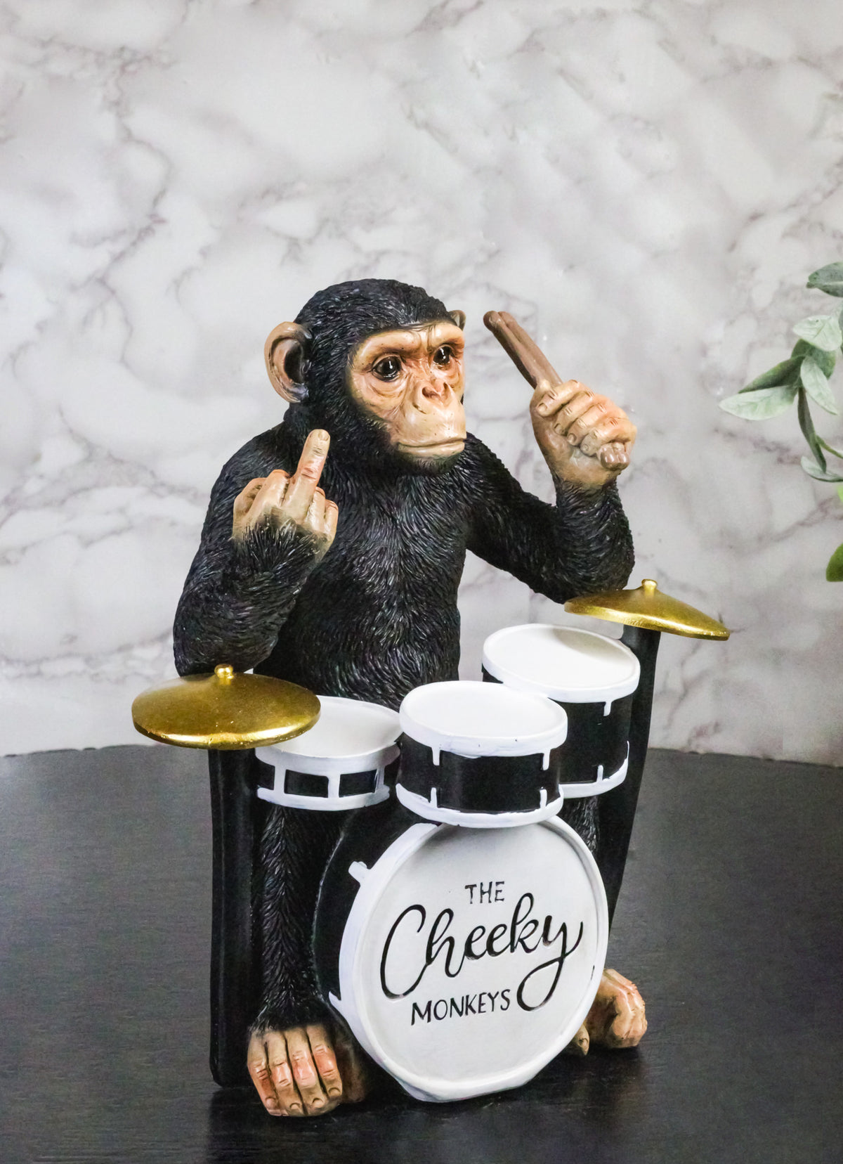 Ebros Cheeky Monkey Chimpanzee Drummer With Middle Finger Figurine 8"