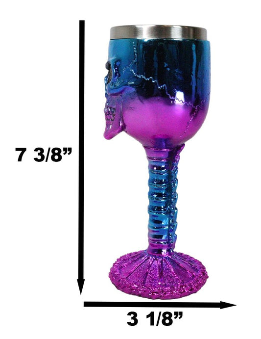 Metallic Blue And Pink Plated Skull With Skeleton Spine And Bones Wine Goblet - Ebros Gift