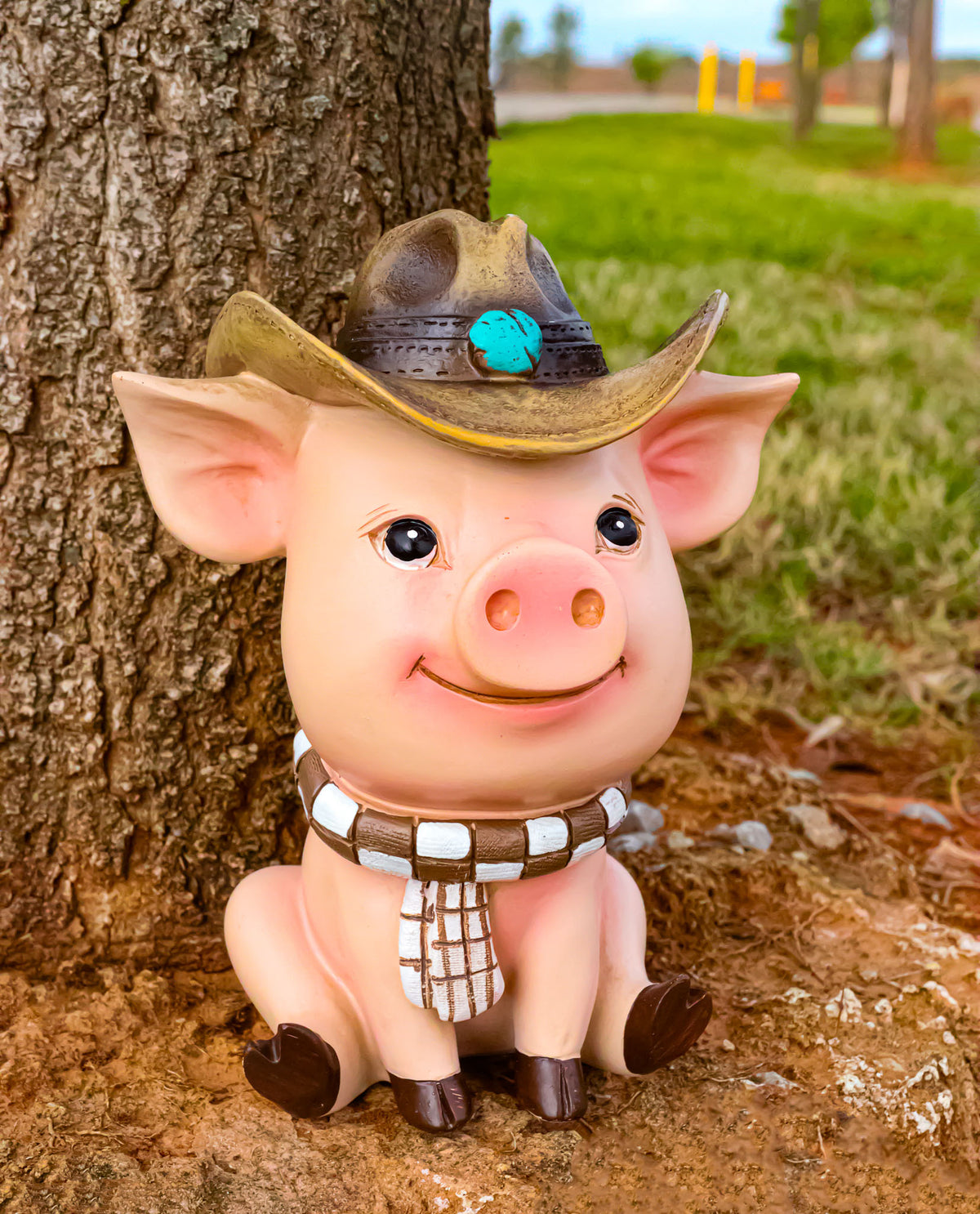 Rustic Western Comical Sitting Pig with Turquoise Cowboy Hat and Scarf Figurine