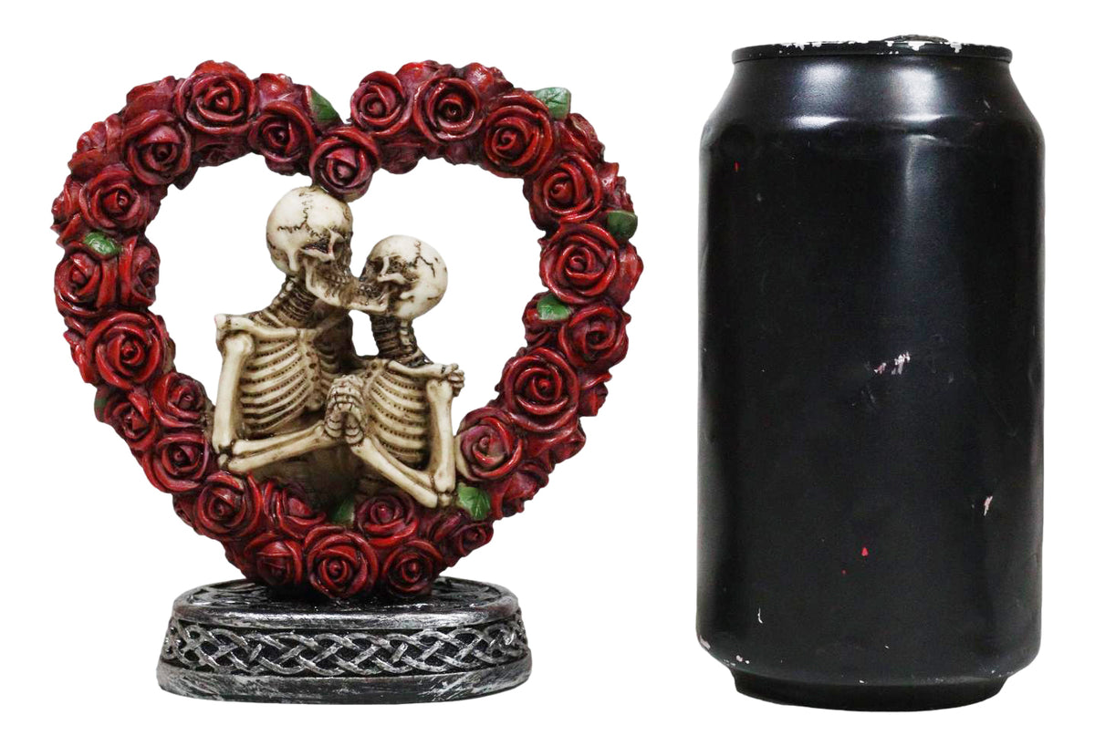 Love Never Dies Roses On Heart Wreath Kissing Skeleton Couple Bronzed Figurine - Ebros Gift