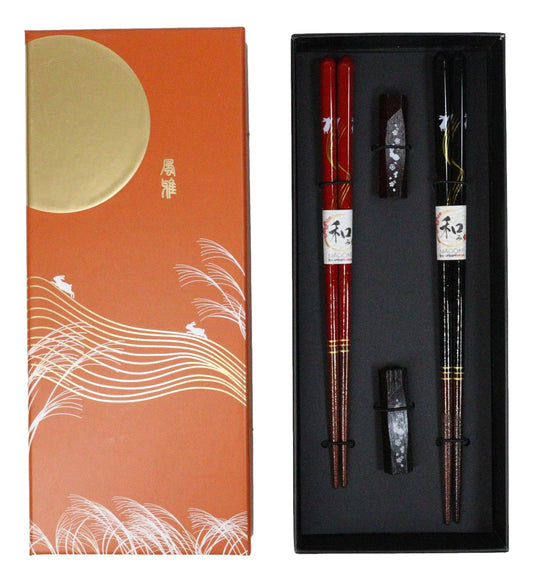 Cherry Brown And Black Moon Rabbits Set of 2 Chopsticks And Wooden Rests Set