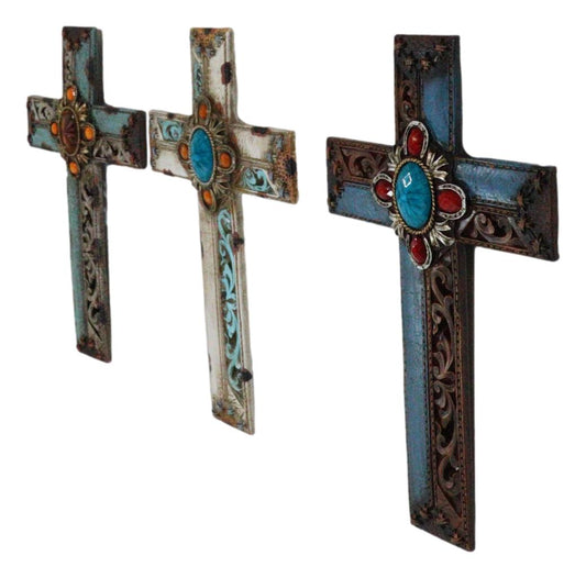 Pack Of 3 Rustic Western Tuscany Scrollwork Turquoise Amber Gems Wall Crosses