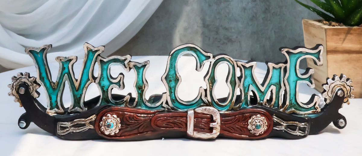 Rustic Western Cowboy Boot Spurs Buckle Turquoise Welcome Sign Desktop Figurine