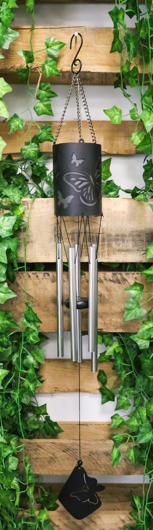 Monarch Butterlfy Cylindrical Steel Metal Filigree Hanging Solar Wind Chime