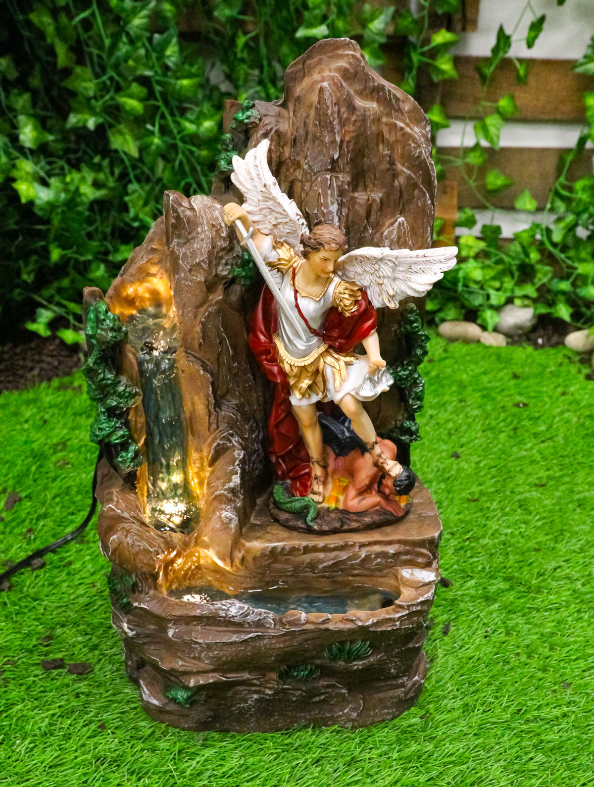 Catholic Archangel Saint Michael Our Protector Water Fall Fountain Statue 16"H