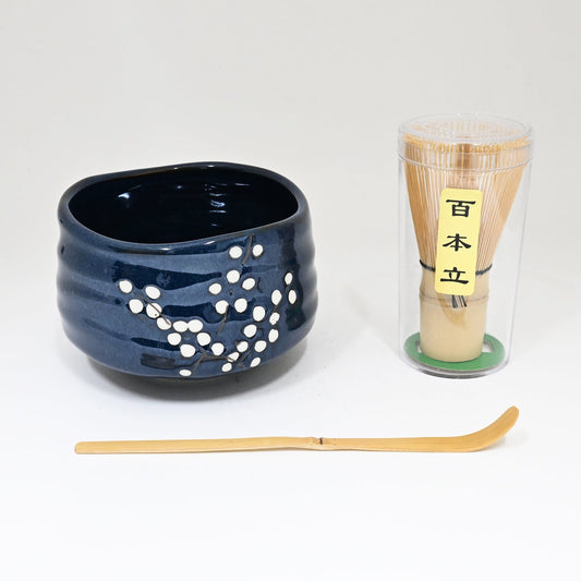 Navy Blue Sakura Blooms Ceramic Japanese Matcha Green Tea Bowl Whisk & Scoop Set