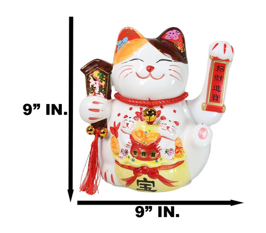 Japanese Lucky Charm White Beckoning Cat Maneki Neko With Waving Arm Figurine 9" - Ebros Gift