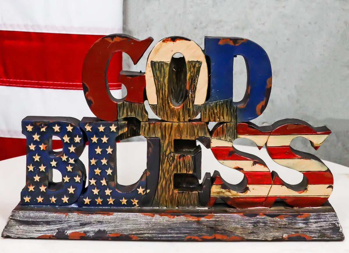 Rustic Western Patriotic United States Flag With Cross God Bless Desktop Plaque