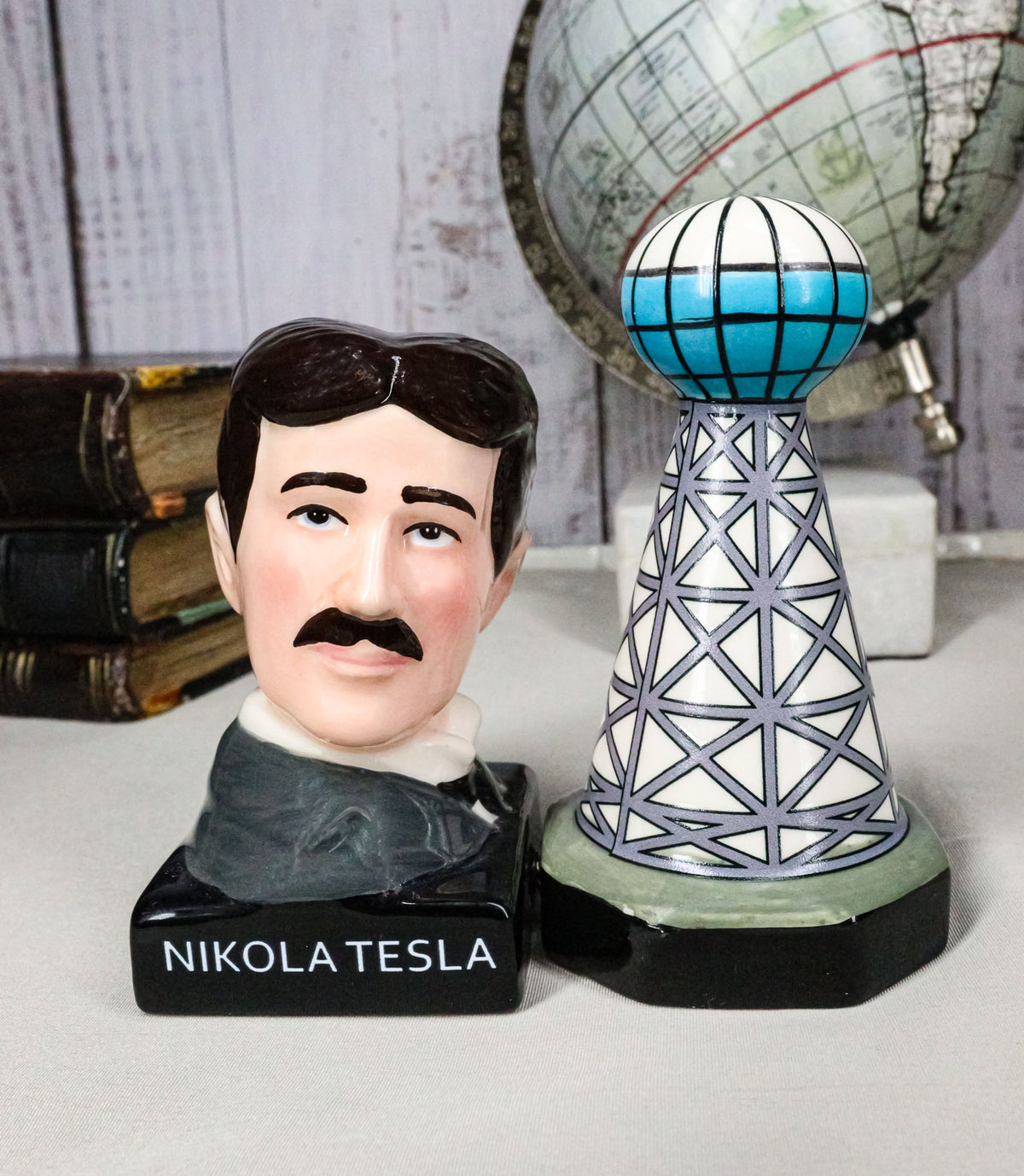 Nikola Tesla And Wardenclyffe Plant Tower Ceramic Salt And Pepper Shakers Set