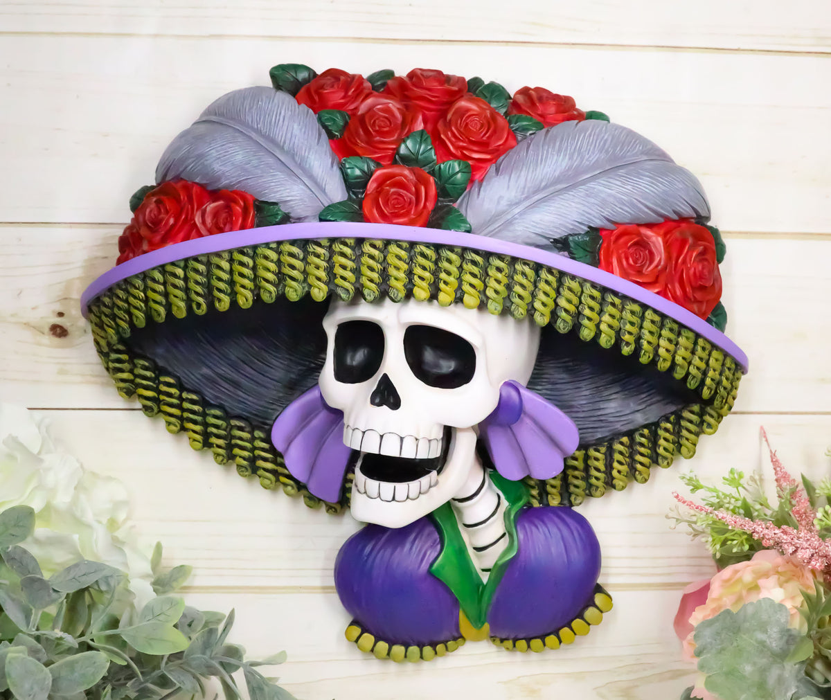 Day of The Dead Colorful Roses Hat La Calavera Catrina Sugar Skull Wall Decor