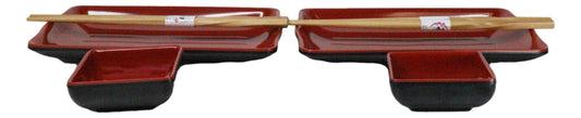 Red Black Melamine Wavy Sushi Plates Sauce Dishes And Chopsticks Set Serves 2