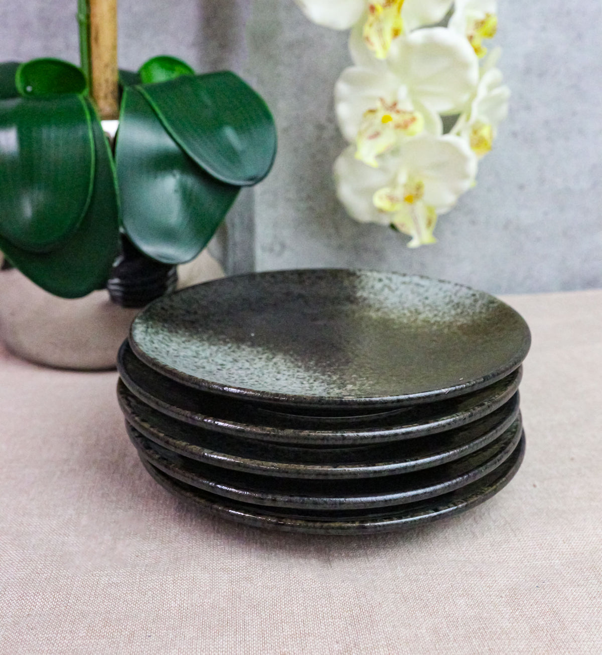 Set Of 6 Grey Tone Hakumu Round Appetizer Dessert Salad Ceramic Plates 6"D
