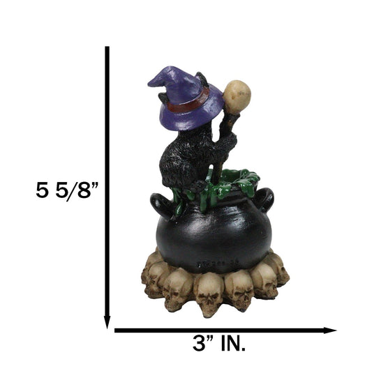 Witch Hat Black Cat Brewing Potion in LED Cauldron with Skulls Bonfire Figurine