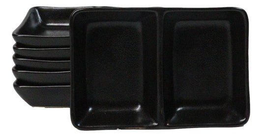 Pack Of 6 Ceramic Black Kokuyo Soy Sauce Or Condiment Dishes Double Partition