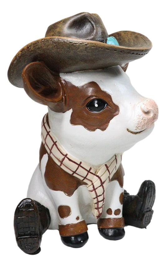 Western Brown Spotted Texas Longhorn Cow With Cowboy Hat And Boots Figurine