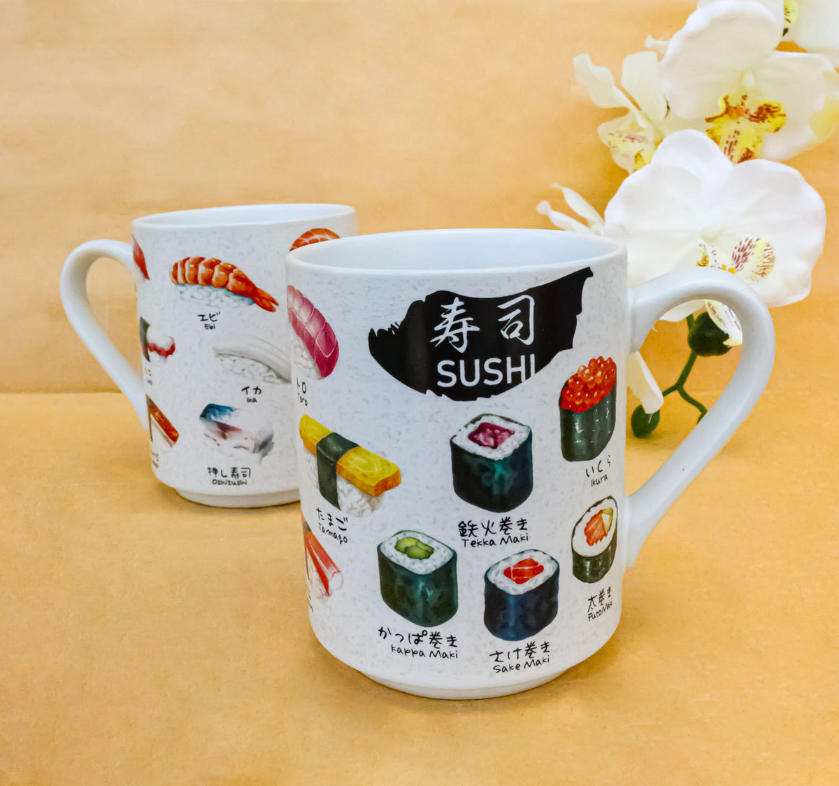 Set Of 2 Japanese Cuisine Sushi Sashimi And Rolls Textured Ceramic Mug Cups 11oz