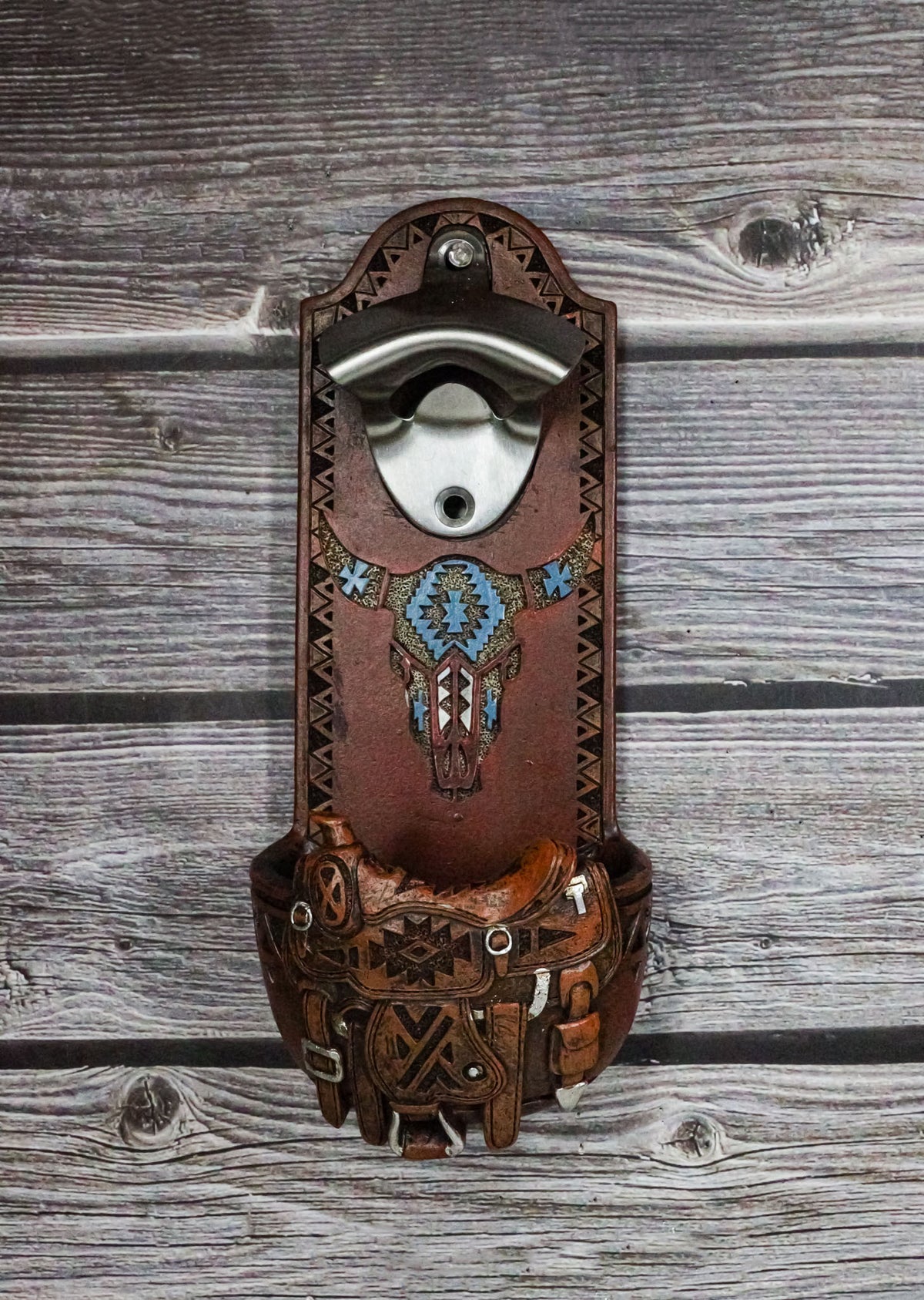 Western Cowboy Country Rustic Horse Saddle With Cow Skull Wall Bottle Opener