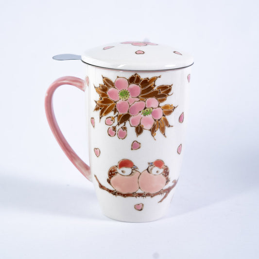 Twin Sparrows Sakura 15oz Porcelain Tea Mug With Lid & Stainless Steel Infuser