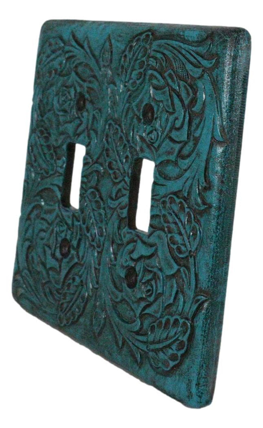 Set of 2 Western Tooled Floral Lace Turquoise Wall Double Toggle Switch Plates