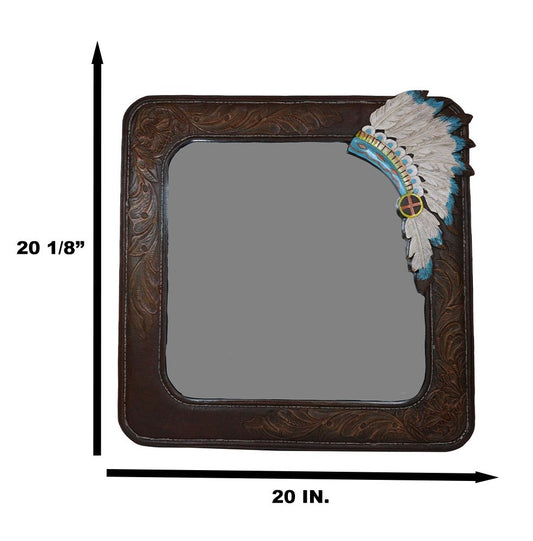 Rustic Southwestern Indian Chief Headdress Faux Tooled Leather Wall Mirror Decor