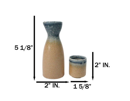 Porcelain Blue And Sand Ao Nagashi Japanese Wine Sake Flask With 2 Cups Set