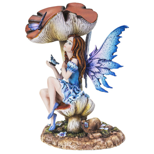 Enchanted Forest Toadstool Mushroom Lavender Fairy with Butterfly Figurine