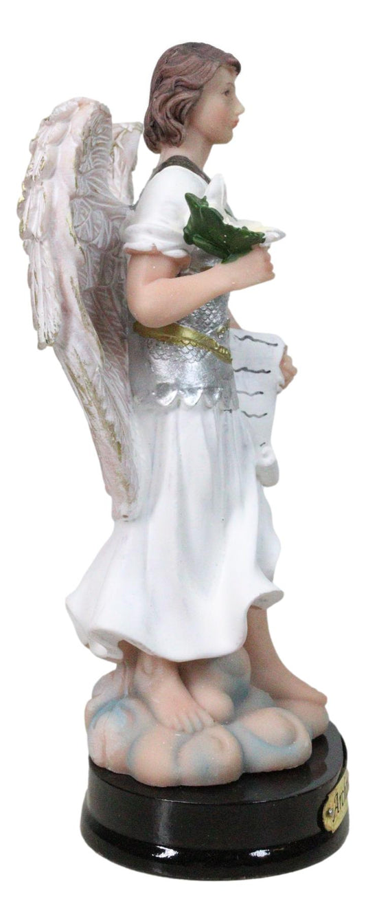 Catholic Archangel Saint Gabriel Holding Scroll And Lotus Figurine With Base 5"H - Ebros Gift