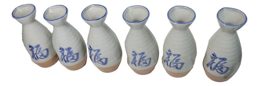 Pack Of 6 White And Caramel Fuku Kanji Japanese Wine Sake Tokkuri Bottle Flask
