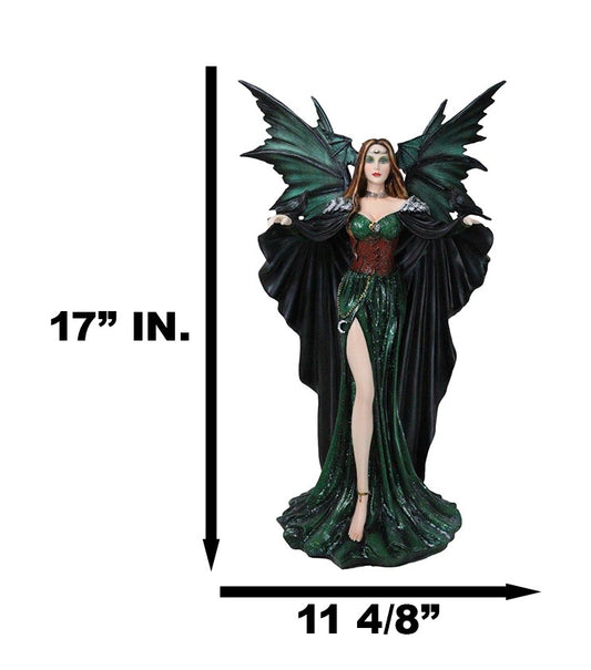 Large Gothic Dragon Fairy Queen In Long Green Robe With Ravens Statue 17"H