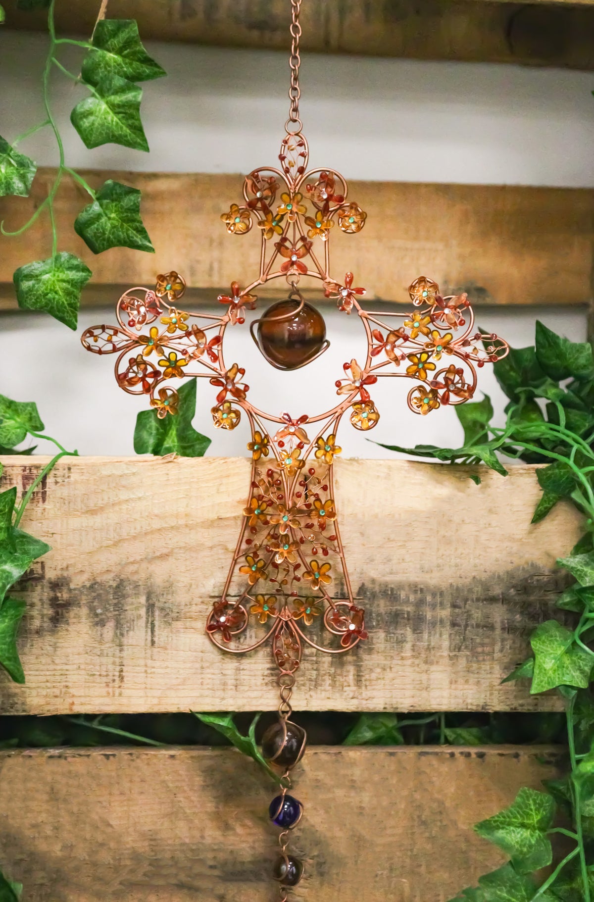 Autumn Floral Gemstones Fleur De Lis Christian Cross Art Glass Metal Wind Chime