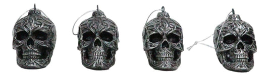 Set of 4 Day Of The Dead Faux Gunmetal Silver Tribal Tattoo Skull Tree Ornaments