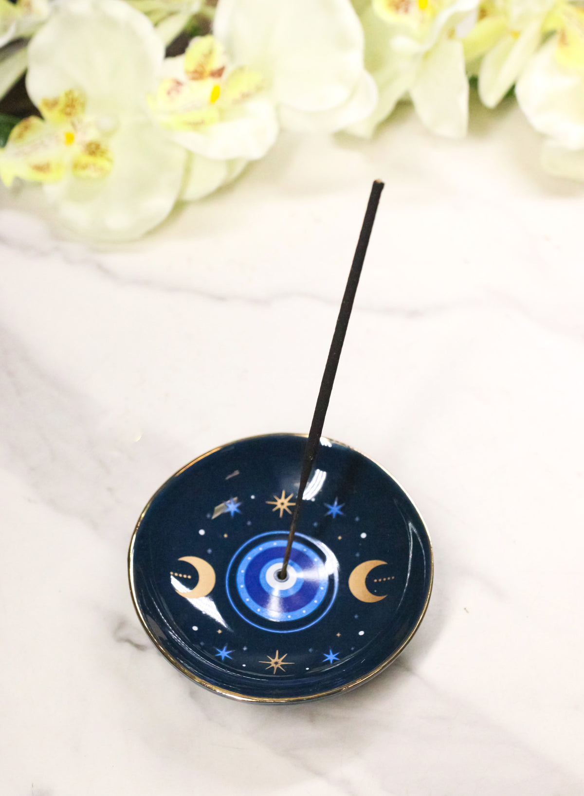 Ebros Gift All Seeing Eye Triple Moon Incense Stick Holder Dish Catcher