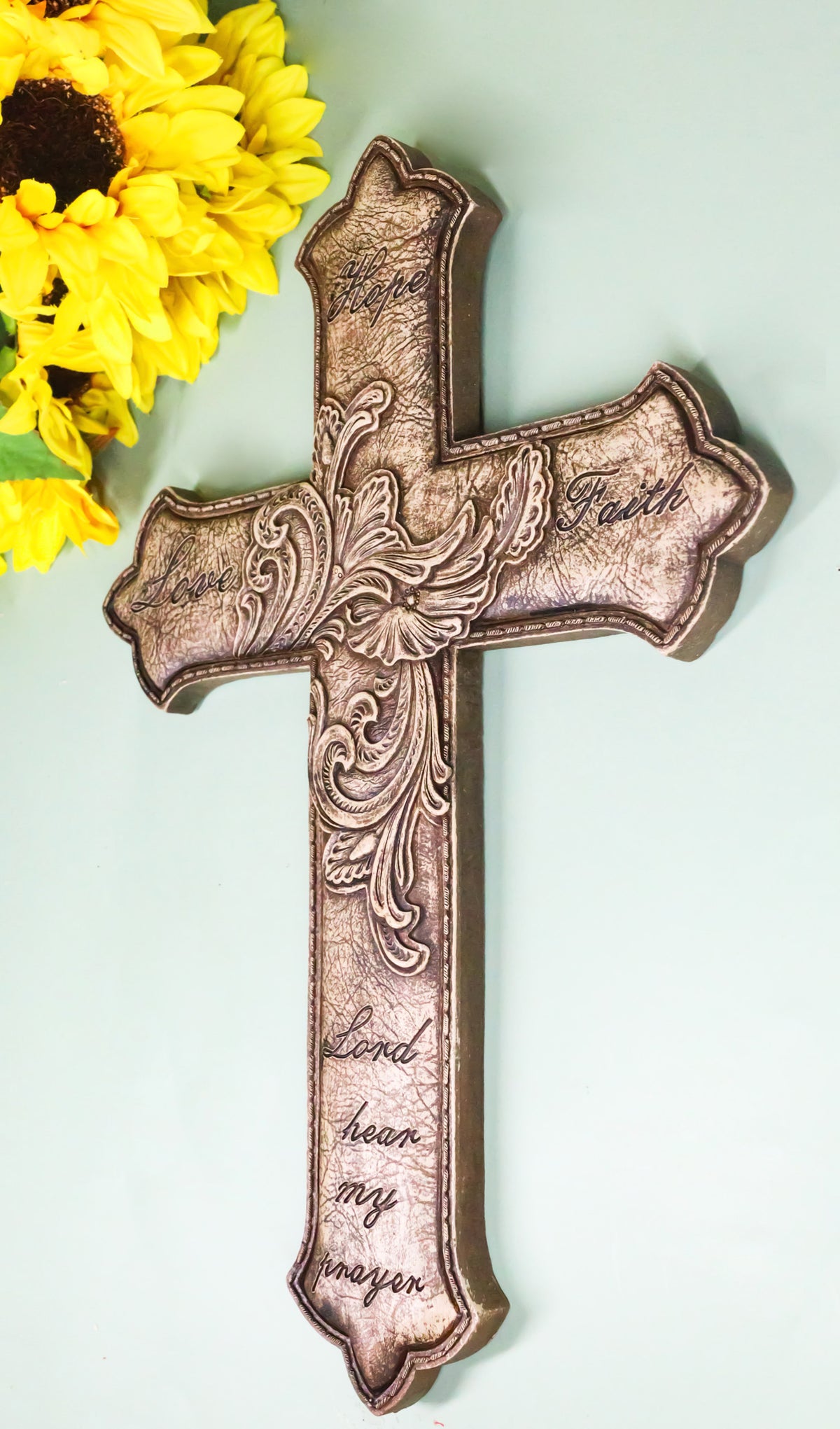 Hope Love Faith Lord Hear My Prayer Fleur De Lis Floral Faux Leather Wall Cross
