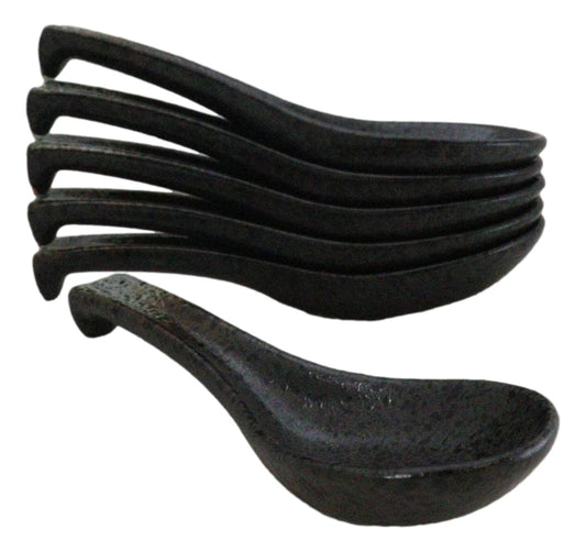 Pack of 6 Charcoal Grey Tone Hakumu Ceramic Asian Soup Spoons With Hook 5.75"L