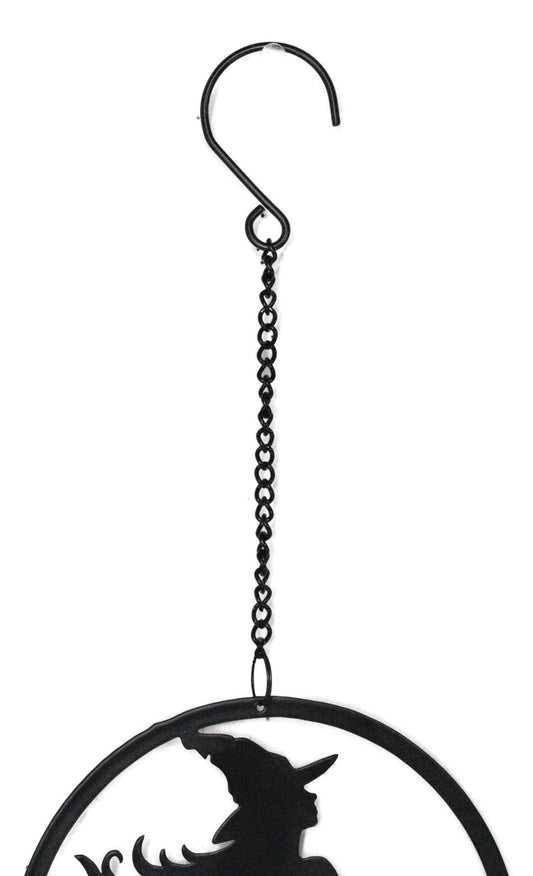 Witch On Broomstick With Crescent Moon and Pentagram Stars Hanging Decoration