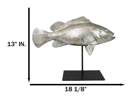 Ocean Marine Silver Tone Serranidae Grouper Fish Sculpture On Metal Pole Stand