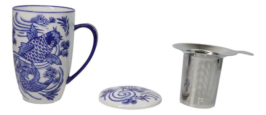Blue Koi Fish In Water 15oz Porcelain Tea Mug With Lid Stainless Steel Infuser