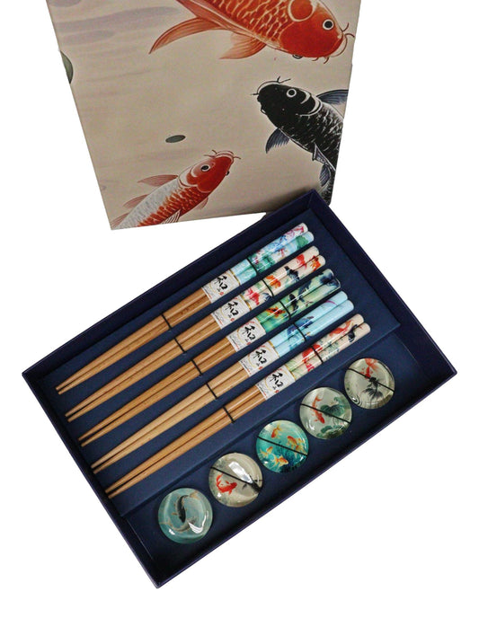 5 Pairs Of Koi Fishes In Pond Buttons Ceramic Rests With Wooden Chopsticks Set