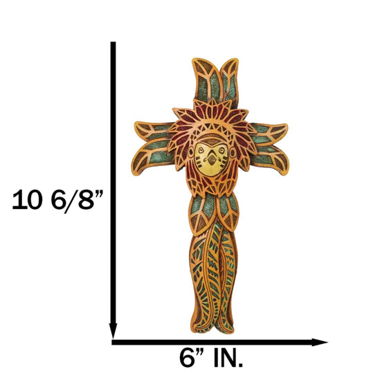 Native American Indian Owl Chief with Headdress Floral Faux Wooden Wall Cross