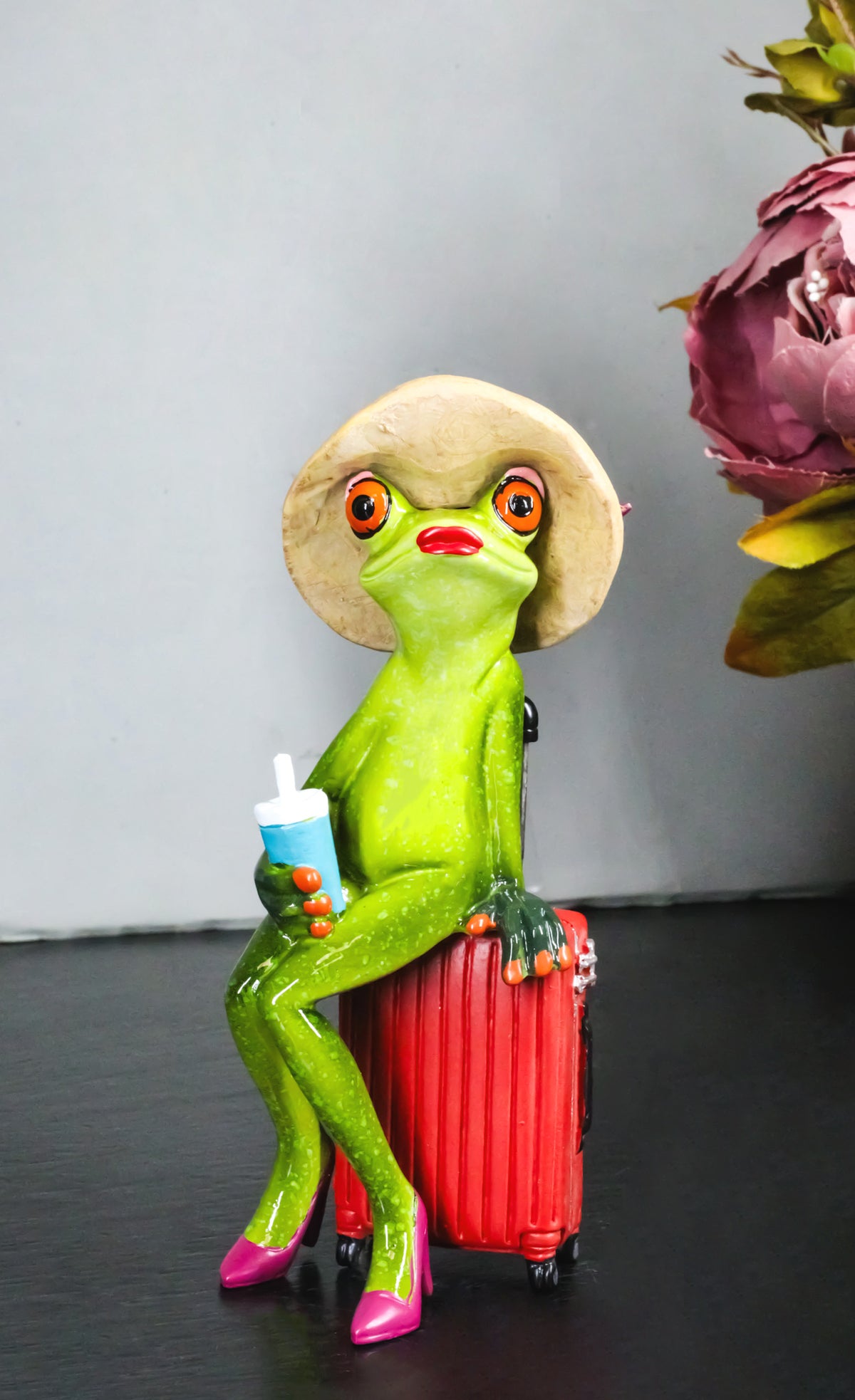 Ebros Frog Lady on Suitcase Beach Hat Red Stilettos Resin Figurine 7.75"