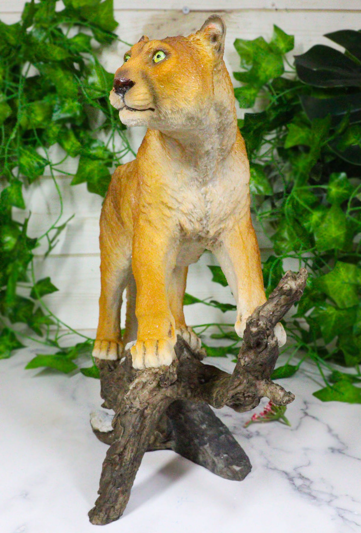 Mountain Lion Cougar Standing On Snow Capped Weathered Log Statue Wildlife Decor