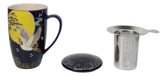 Blue Moon Japanese Crane 15oz Porcelain Tea Mug With Lid Stainless Steel Infuser