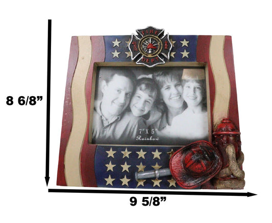 Patriotic Maltese Cross Fireman Helmet Hose Fire Hydrant USA Flag Picture Frame - Ebros Gift