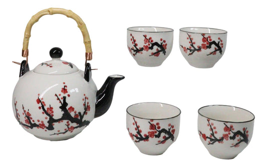 White Pink Sakura Cherry Blossoms Porcelain 30oz Teapot And 4 Tea Cups Set