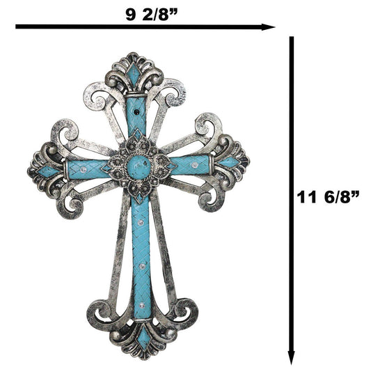 Southwest Silver French Fleur De Lis Crystals Turquoise Layered Wall Cross Decor