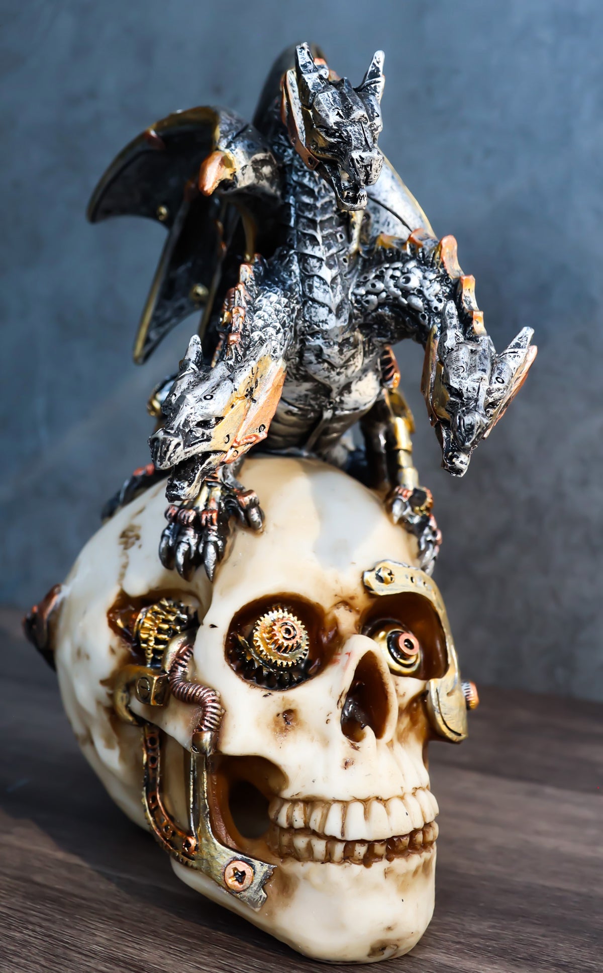 Steampunk Cyborg Skull with Perching Robotic Silver Hydra Dragon Figurine
