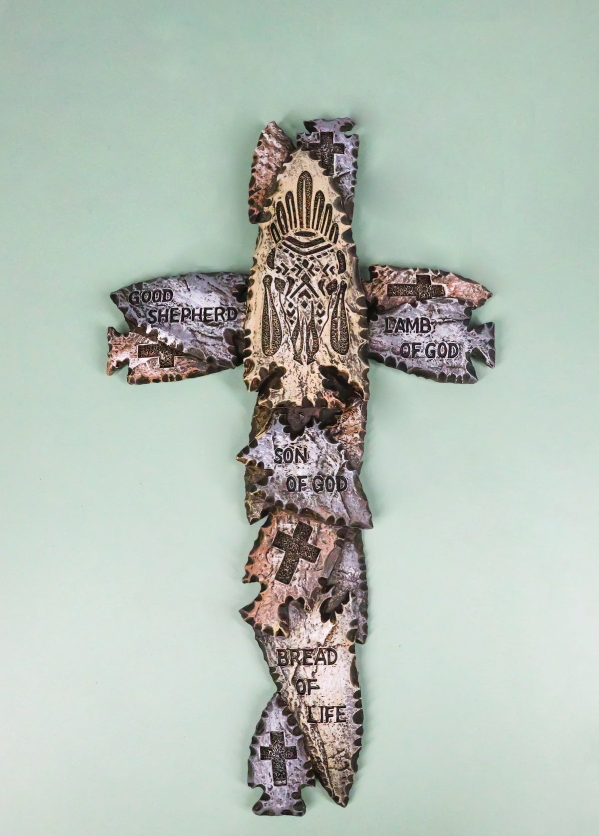 Tribal Indian Faux Arrowhead Stones Lamb of God Good Shepherd Wall Cross Plaque